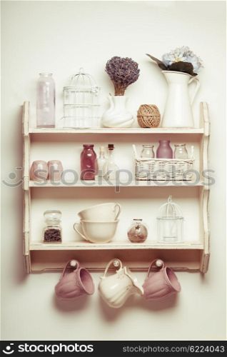 Vintage shelf in the kitchen, shabby chic style with lavender