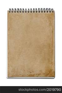 Vintage spiral close notebook, brown paper cover, isolated on white. Vintage spiral close notebook
