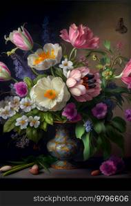 Vintage spring flowers bouquet over dark background, traditional dutch style, illustration. Vintage spring bouquet