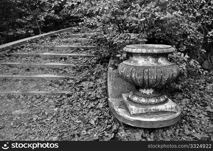 Vintage staircase covered with fallen leaves. Black and white.