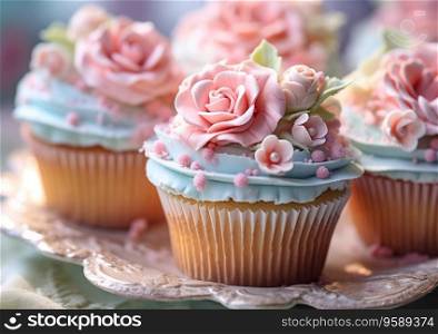 Vintage style cupcakes with blue cream and sweet roses on table.AI Generative