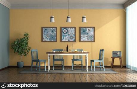 Vintage style dining room with blue chairs ,wooden table against yellow wall - 3d rendering. Vintage style dining room with blue chairs and table