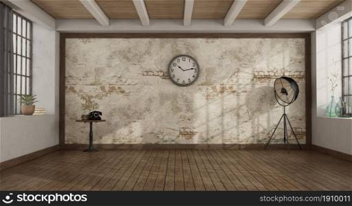 Vintage style empty room with old wall on background , side table and floor lamp - 3d rendering. Vintage style empty room with old wall on background