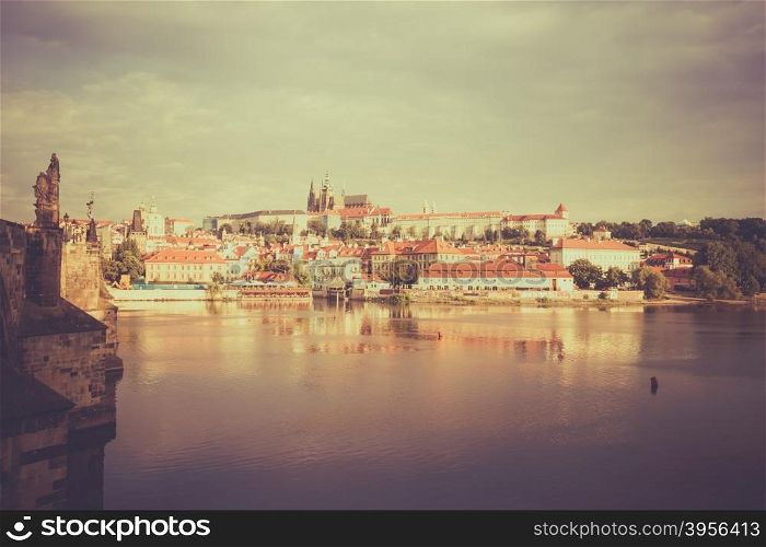 Vintage style image of Prague cityscape, Czech Republic