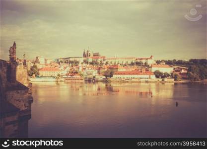 Vintage style image of Prague cityscape, Czech Republic
