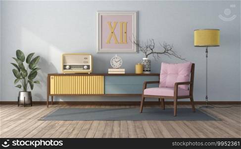 Vintage style living room with pastel color,sideboard and pink armchair - 3d rendering. Vintage style living room with pastel color