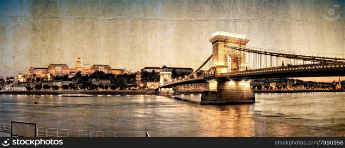 Vintage style panorama of the Chain bridge. Budapest, Hungary