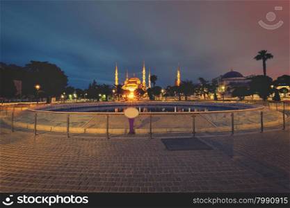 Vintage style photo of Sultanahmet Blue Mosque at night, Istanbul, Turkey