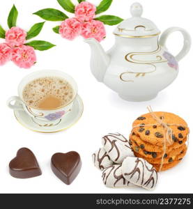 Vintage teapot, coffee pot, coffee cup, cookies and chocolate isolated on white background. Colorful collage.