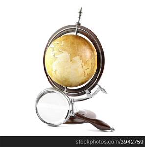 Vintage terrestrial globe and magnifying glass on white background