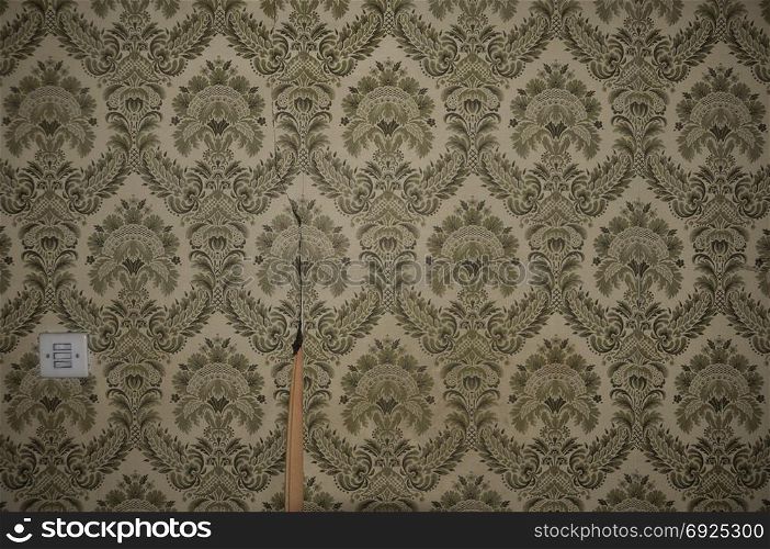 Vintage torn wallpaper pattern and light switch on abandoned house wall. Abstract retro background.