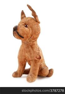 vintage toy dog, stuffed with straw, isolated on white background