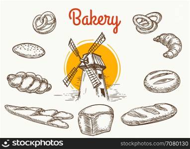 Vintage traditional bakery products sketch. Vintage traditional bakery products vector sketch. Wheat and rye bread and grain mill hand drawn illustration isolated on white background