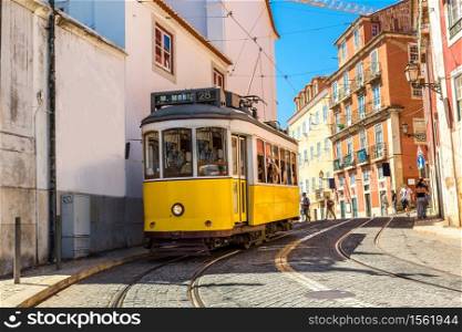 Vintage tram in the city center of Lisbon