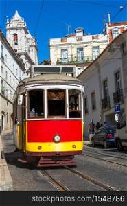 Vintage tram in the city center of Lisbon in Lisbon, Portugal