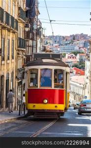 Vintage tram in the city center of Lisbon  in Lisbon, Portugal