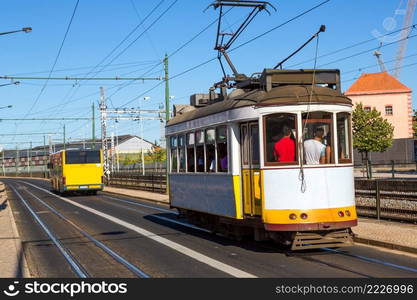 Vintage tram in the city center of Lisbon   in Lisbon, Portugal