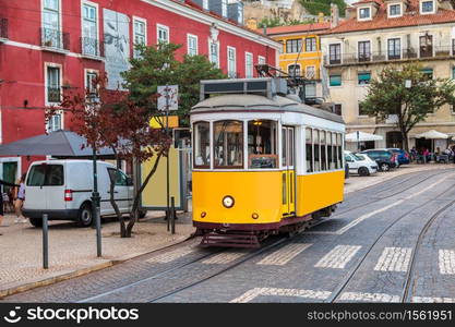 Vintage tram in the city center of Lisbon Lisbon, Portugal in a summer day