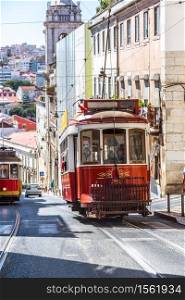 Vintage tram in the city center of Lisbon, Portugal