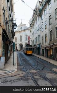 Vintage tram in the Lisbon city center, Portugal.