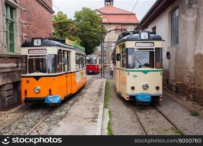 Vintage trolleys / streetcars / tram cars in Naumburg (Saale), Saxony-Anhalt, Germany