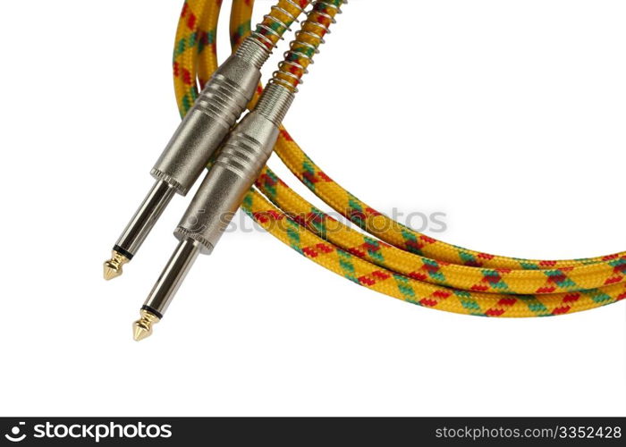 Vintage tweed cable and chrome plugs used for connecting musical instruments to amplifiers isolated on white background.