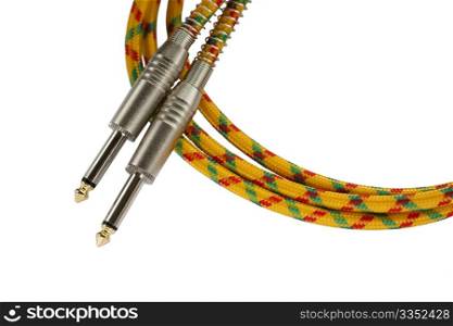 Vintage tweed cable and chrome plugs used for connecting musical instruments to amplifiers isolated on white background.