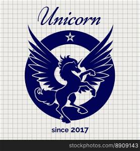 Vintage unicorn logo on notebook page. Vintage unicorn logo design on notebook page backdrop. Vector illustration