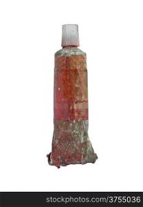 vintage used red oil paint tube over white, clipping path