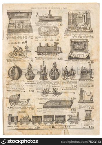 Vintage victorian toys collection. Old engraved picture. Antique googs shop advertising, page of original shopping catalog La Samaritaine, Paris, France, circa 1897