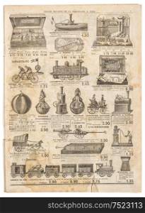 Vintage victorian toys collection. Old engraved picture. Antique googs shop advertising, page of original shopping catalog La Samaritaine, Paris, France, circa 1897