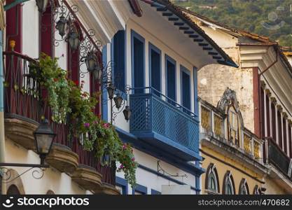 Vintage views of the beautiful balcony on the streets of the famous historical town Ouro Preto Minas Gerais Brazil