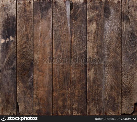 Vintage weathered wood planks background texture with rusty nails flat lay