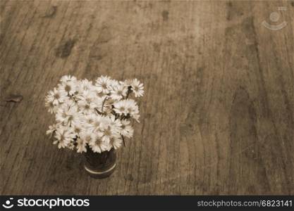 Vintage white flower pot on wooden table, Old Style