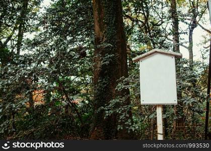 Vintage white Japanese signpost under big tree in forest park near Yoyogi park. Tokyo.