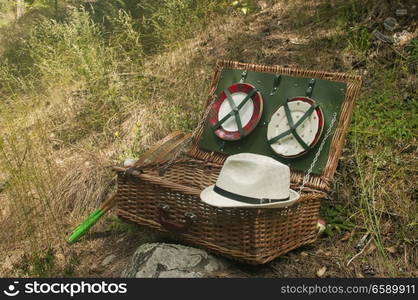 Vintage wicker picnic suitcase on mountain meadow background