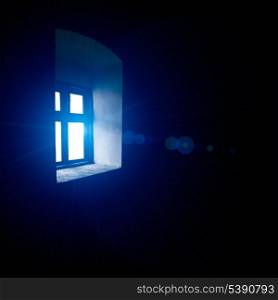 Vintage window with blue light, indoors view