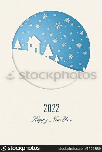 Vintage winter Happy new year card with a house under snowflakes. 2022. Happy new year 2022 winter card