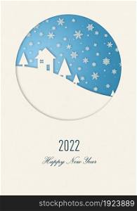Vintage winter Happy new year card with a house under snowflakes. 2022. Happy new year 2022 winter card