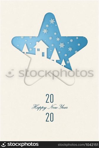 Vintage winter Happy new year card with a house under snowflakes in star frame. Happy new year 2020 winter card in star frame