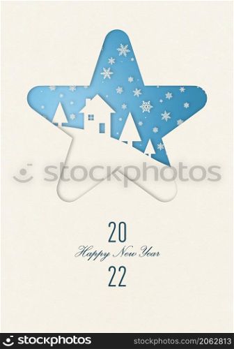 Vintage winter Happy new year card with a house under snowflakes in star frame. 2022. Happy new year 2022 winter card in star frame