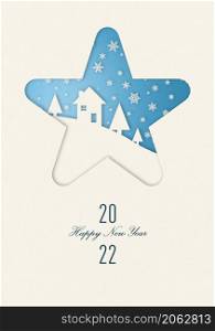 Vintage winter Happy new year card with a house under snowflakes in star frame. 2022. Happy new year 2022 winter card in star frame