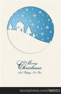 Vintage winter Merry Christmas card with a house under snowflakes. Merry Christmas winter card
