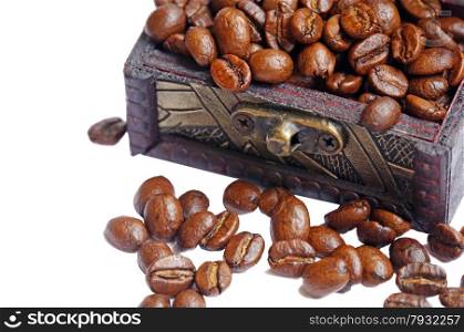Vintage wooden box with coffee beans close up isolated