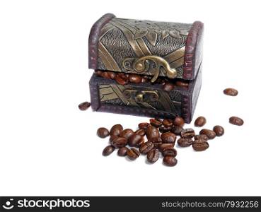 Vintage wooden box with coffee beans isolated