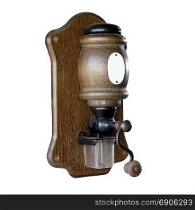 vintage wooden coffee grinder isolated on white background
