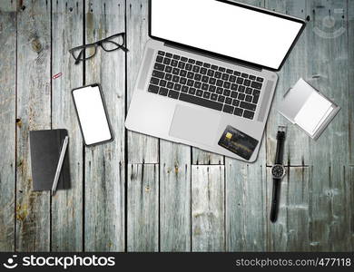 Vintage wooden office desk mockup top view. Wooden office desk mockup top view