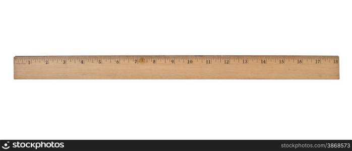 vintage wooden school ruler over white, clipping path