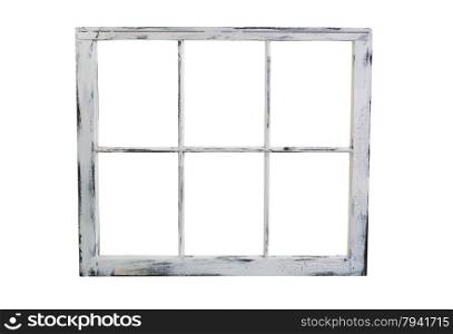 Vintage wooden window with fading white paint isolated on white background.