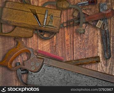vintage woodworking tools on wooden bench, space for your text